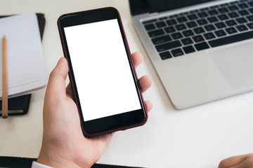 Close up of man hand holding smart phone.