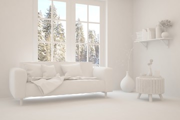 Mock up of stylish room in white color with sofa and winter landscape in window. Scandinavian interior design. 3D illustration