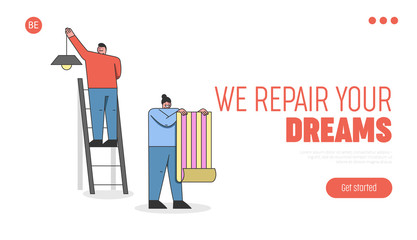 Home Repair Concept. Website Landing Page. Man And Woman Are Making A Repair Of a House. Characters Are Fixing Wallpaper, Installing Ceiling Light. Web Page Cartoon Linear Outline Vector Illustration