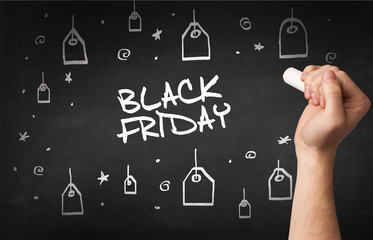 Hand drawing BLACK FRIDAY inscription with white chalk on blackboard, online shopping concept