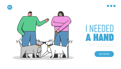 Dog Training Concept. Website Landing Page. Happy People Are Training Dogs In the City Park Or Area. Man And Woman Walk With Dog in Public Park. Web Page Cartoon Linear Outline Vector Illustration