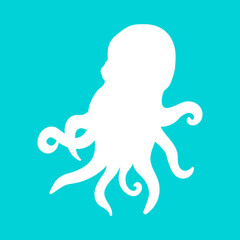 illustration with a white silhouette of an octopus on a bright blue background