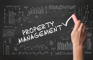 Fototapeta premium Hand drawing PROPERTY MANAGEMENT inscription with white chalk on blackboard, new business concept