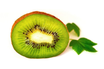 Fototapeta na wymiar Kiwi slice and green leaves on white isolated background, tropical fruits_