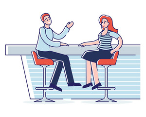 Concept Of Meetings In A Bar. People Have A Good Time Communicating At A Bar Counter. Male And Female Characters Are Talking, Discussing Some Things. Cartoon Linear Outline Flat Vector Illustration