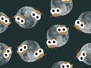 Two cartoon cute owls with full moon in repeating pattern on black background.