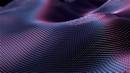 Fototapeta premium 3D Rendering of abstract structure geometry wire frame. Mesh and lines in triangular shapes with depth of field effect and retro red blue light bokeh. Concept for technology or science background