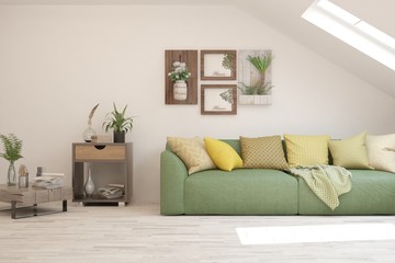 Modern living room in white color with sofa. Scandinavian interior design. 3D illustration