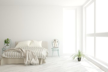 Naklejka premium Stylish bedroom in white color. Scandinavian interior design. 3D illustration