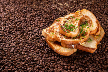 close-up. croutons background coffee beans. 