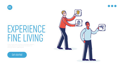 Concept Of Smart House Mobile App. Smart Home Technology. Website Landing Page. Men With Smart House Icons Of Security And Video Monitoring. Web Page Cartoon Outline Linear Flat Vector Illustration