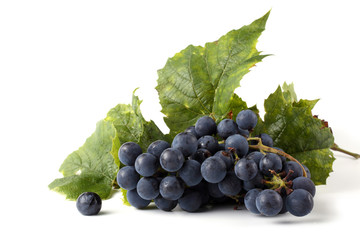 Wine grape and leaves isolated on white