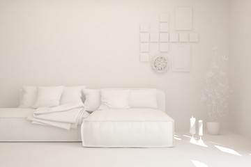 Mock up of minimalist living room in white color with sofa. Scandinavian interior design. 3D illustration
