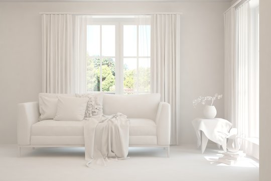 Mock up of stylish room in white color with sofa and green landscape in window. Scandinavian interior design. 3D illustration