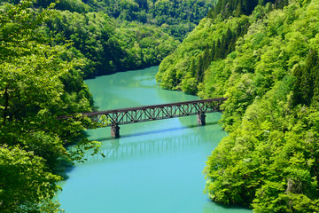 Fototapeta premium 新緑の只見川と只見線第三橋梁。三島、福島、日本。5月中旬。