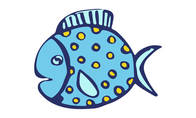 Vector hand drawn doodle fish icon. Logo design template. Cute hand drawn childish linear illustration for print, web