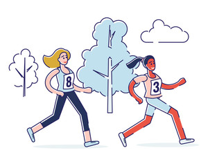 Concept Of Running Marathon, Healthy Lifestyle. Women Run Marathon. Healthy Running Marathon Athletes Sprinting. Group of People are Running Outdoor. Cartoon Linear Outline Flat Vector Illustration