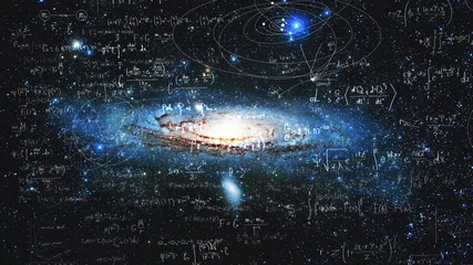 Foto op Canvas Wetenschap en onderzoek van het universum, spiraalstelsel en fysieke formules, concept van kennis en onderwijs © Ulia Koltyrina