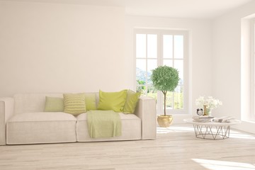 Modern living room in white color with sofa. Scandinavian interior design. 3D illustration