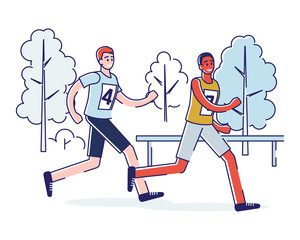 Concept Of Running Marathon And Healthy Lifestyle. Sportsmen Run Marathon. Healthy Running Marathon Athletes Sprinting. Fitness People Are Training. Cartoon Linear Outline Flat Vector Illustration