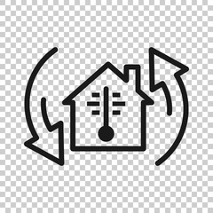 Thermometer home icon in flat style. House climate control vector illustration on white isolated background. Hot, cold temperature business concept.