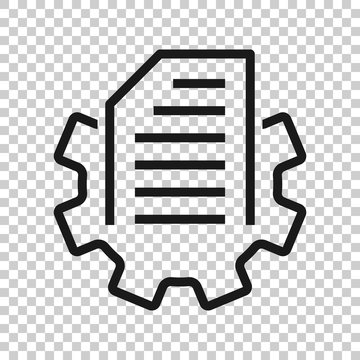 Document With Gear Icon In Flat Style. Big Data Processing Vector Illustration On White Isolated Background. Paper Sheet Software Solution Business Concept.