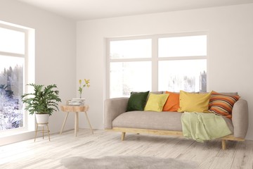 Fototapeta premium Modern living room in white color with sofa. Scandinavian interior design. 3D illustration