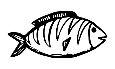 Vector hand drawn doodle fish icon. Logo design template. Cute hand drawn childish linear illustration for print, web