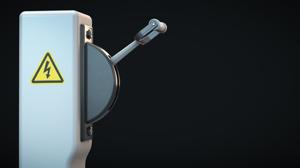 High-voltage circuit breaker on a dark background. With copyspace.