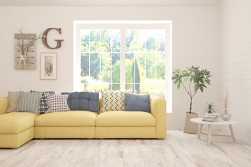 Minimalist living room in white color with sofa and summer landscape in window. Scandinavian interior design. 3D illustration