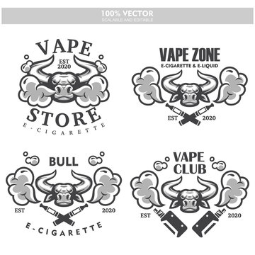 Bull head vapor e-cigarette vape vaporizer cigarette vape vaporizer electrical electronic smoke vaping label set Vintage style logo. Scalable and editable Vector illustration.