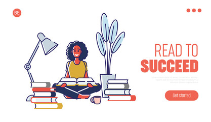 Concept Of Education, Read Books. Literature Fans or Lovers. Website Landing Page. Female Character is Studying, Reading Books At Home. Web Page Cartoon Linear Outline Flat Style. Vector Illustration