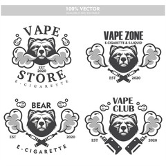 Bear head vapor e-cigarette vape vaporizer cigarette vape vaporizer electrical electronic smoke vaping label set Vintage style logo. Scalable and editable Vector illustration.