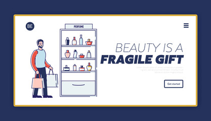 Beauty Shop Concept. Website Landing Page. Cartoon Male Character Is Buying Perfumes On Gift For His Girlfriend Or Wife In Perfume Division. Web Page Cartoon Outline Linear Flat Vector Illustration