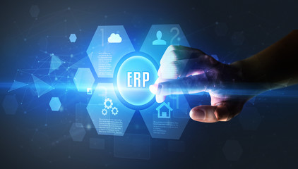 Hand touching ERP inscription, new technology concept