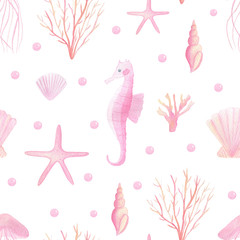 Cute watercolor seamless pattern with sea creatures for children. Sea, ocean life background for kid's textile, children, nursery fabric. Starfish, seashell watercolor hand drawn on white background.