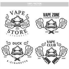 Duck head vapor e-cigarette vape vaporizer cigarette vape vaporizer electrical electronic smoke vaping label set Vintage style logo. Scalable and editable Vector illustration.