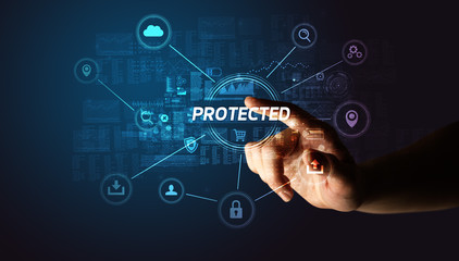 Hand touching PROTECTED inscription, Cybersecurity concept