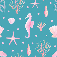 Cute watercolor seamless pattern with sea creatures for children. Sea, ocean life background for kid's textile, children, nursery fabric. Starfish, seashell watercolor hand drawn on blue background.