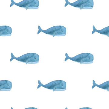 Watercolor whales cute seamless pattern on white background. Trendy underwater background for wrapping papper, covers, textile. Ocean life. Abstract whales background. Children textile, fabric. 
