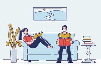 Concept Of Education, Read Books. Literature Fans or Lovers. Book Festival of Students. People are Learning, Reading Books On the Coach At Home. Cartoon Linear Outline Flat Style. Vector Illustration