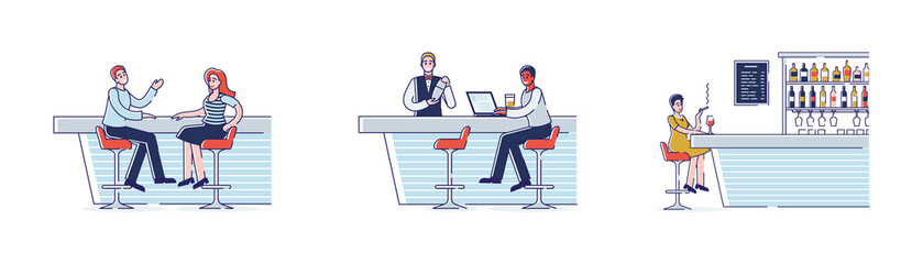 Concept Of Meetings In A Bar. People Have A Good Time Communicating At A Bar Counter. Male And Female Characters Are Talking, Drinking Alcohol. Set Of Cartoon Outline Linear Flat Vector Illustration