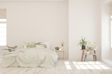 Stylish bedroom in white color. Scandinavian interior design. 3D illustration