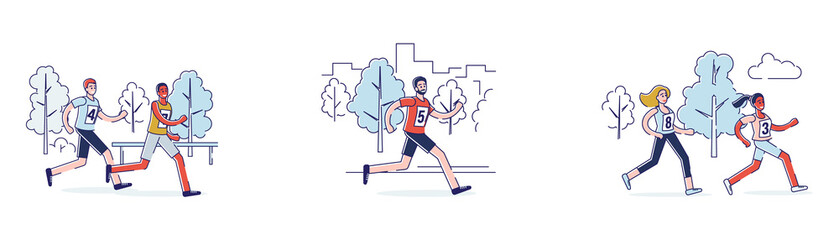 Concept Of Running Marathon. People Dressed in Sports Clothes Run Marathon Race. Participants of Athletics Event Trying to Outrun Each Other. Set Of Cartoon Linear Outline Flat Vector Illustrations
