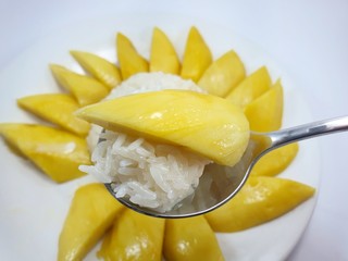 Top view of Thai mango sticky rice topped with coconut cream on spoon on blurred background, This food is most popular Thai derrest, Kao neaw ma moung is Thai traditional