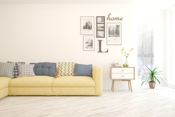 Modern living room in white color with sofa. Scandinavian interior design. 3D illustration