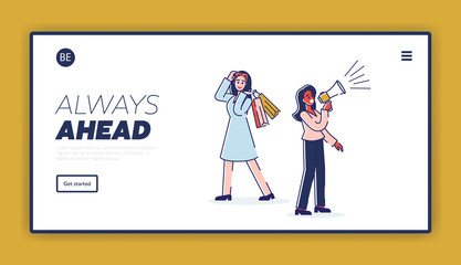 Concept Of Digital Marketing and Online Shopping. Website Landing Page. Happy Characters Make An Advertisement And Buy Products And Services. Web Page Cartoon Linear Outline Flat Vector Illustration