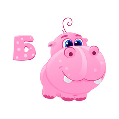 vector icon of funny cartoon cute pink hippo smiling with big teeth with the letter of the Russian alphabet, teaching kids to read and write, learning online, stay at home isolated on white eps 10