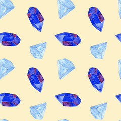 Seamless watercolor pattern blue crystals on beige background