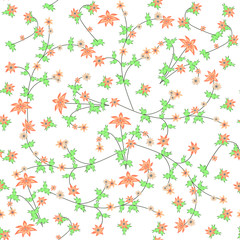 Seamless pattern of abstract flowers on their stems with green leaf print , fabric